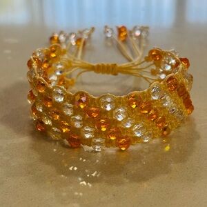 Handmade Wide Macrame Bracelet - 5-Row Orange & Clear Crystal Beads